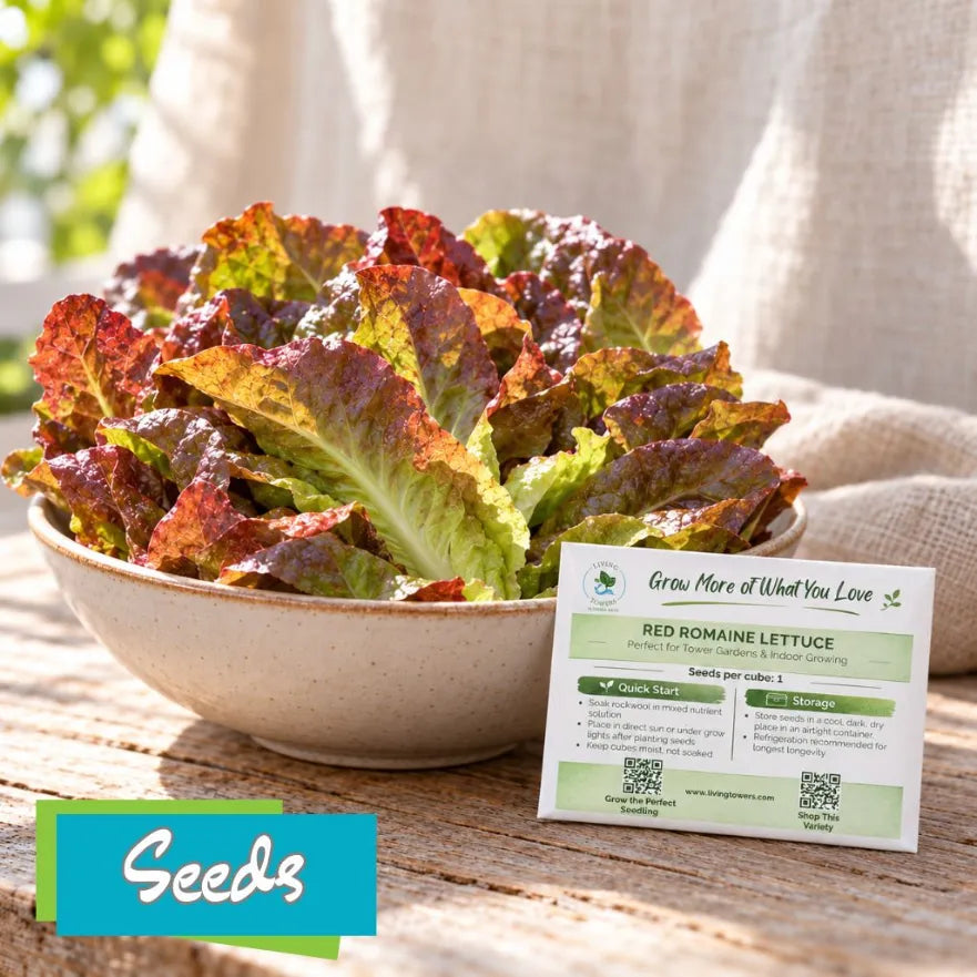 Red Romaine in a bowl with a packet of red romaine seeds