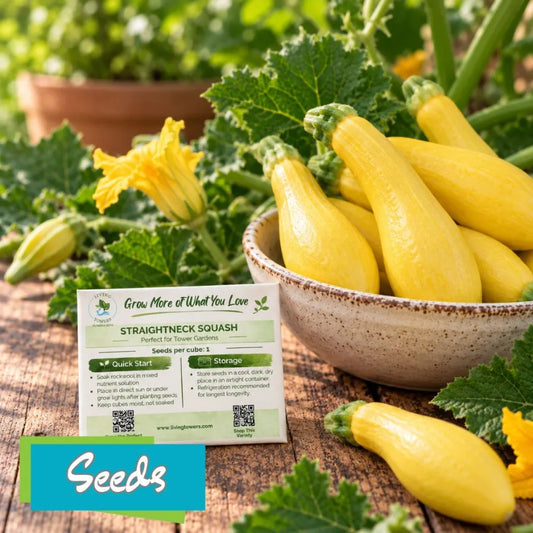 Early Prolific Yellow Squash next to a packet of seeds