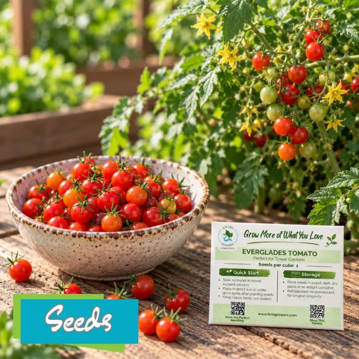 Everglade Tomatoes in a bowl next to a packet of seeds