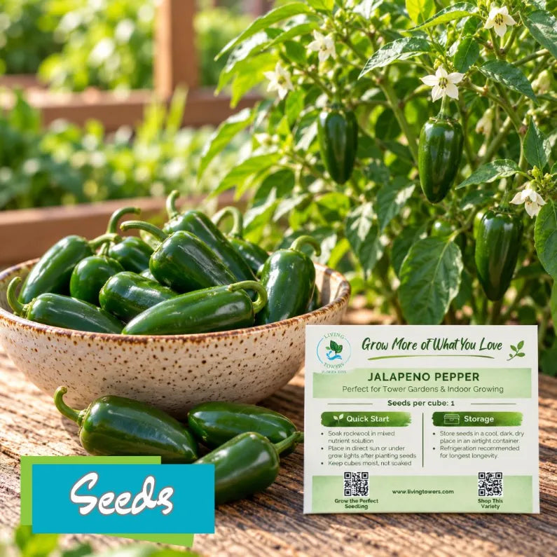 Bowl of Jalapenos next to a packet of seeds