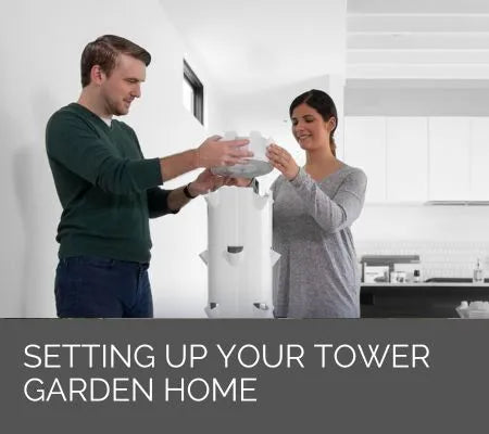 Two people setting up a Tower Garden home in a kitchen.